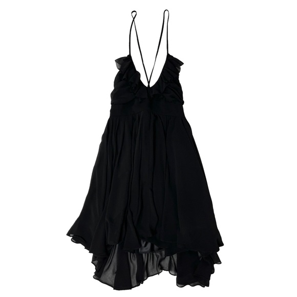 Aryn K Cocktail Dress Black Chiffon Ruffle V Neck Halter Tie Strap Size Medium - Picture 12 of 12